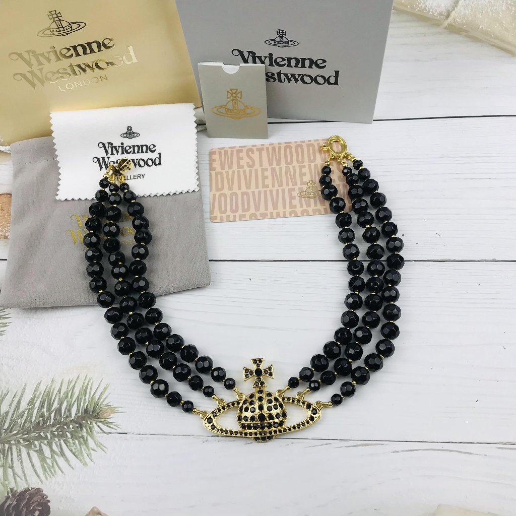 Vivienne Westwood Three Row Pearl Bas Relief Choker In Black Brand New